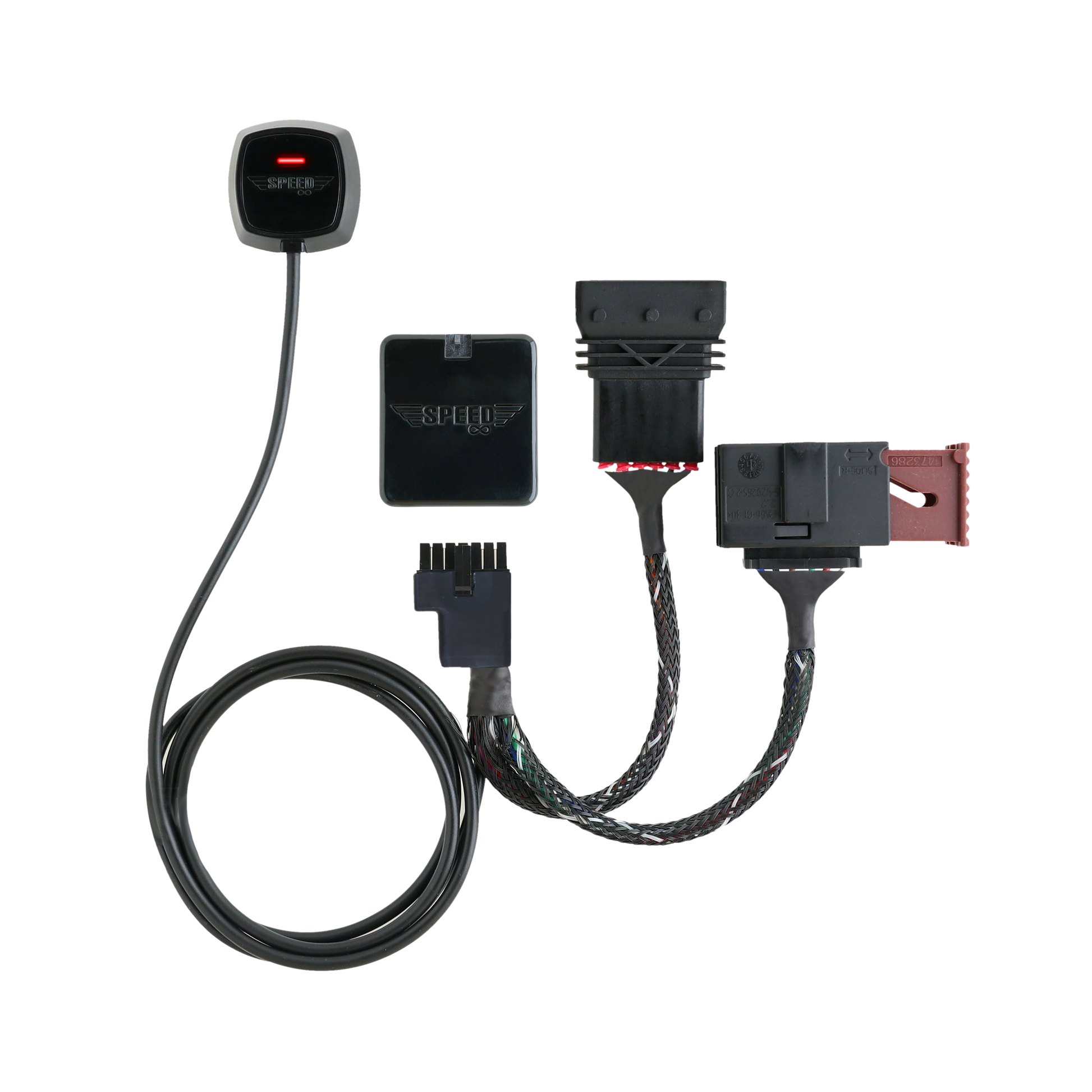 Speed Infinity Throttle Response Controller for with wiring harness and control module. Enhances throttle response and driving safety.