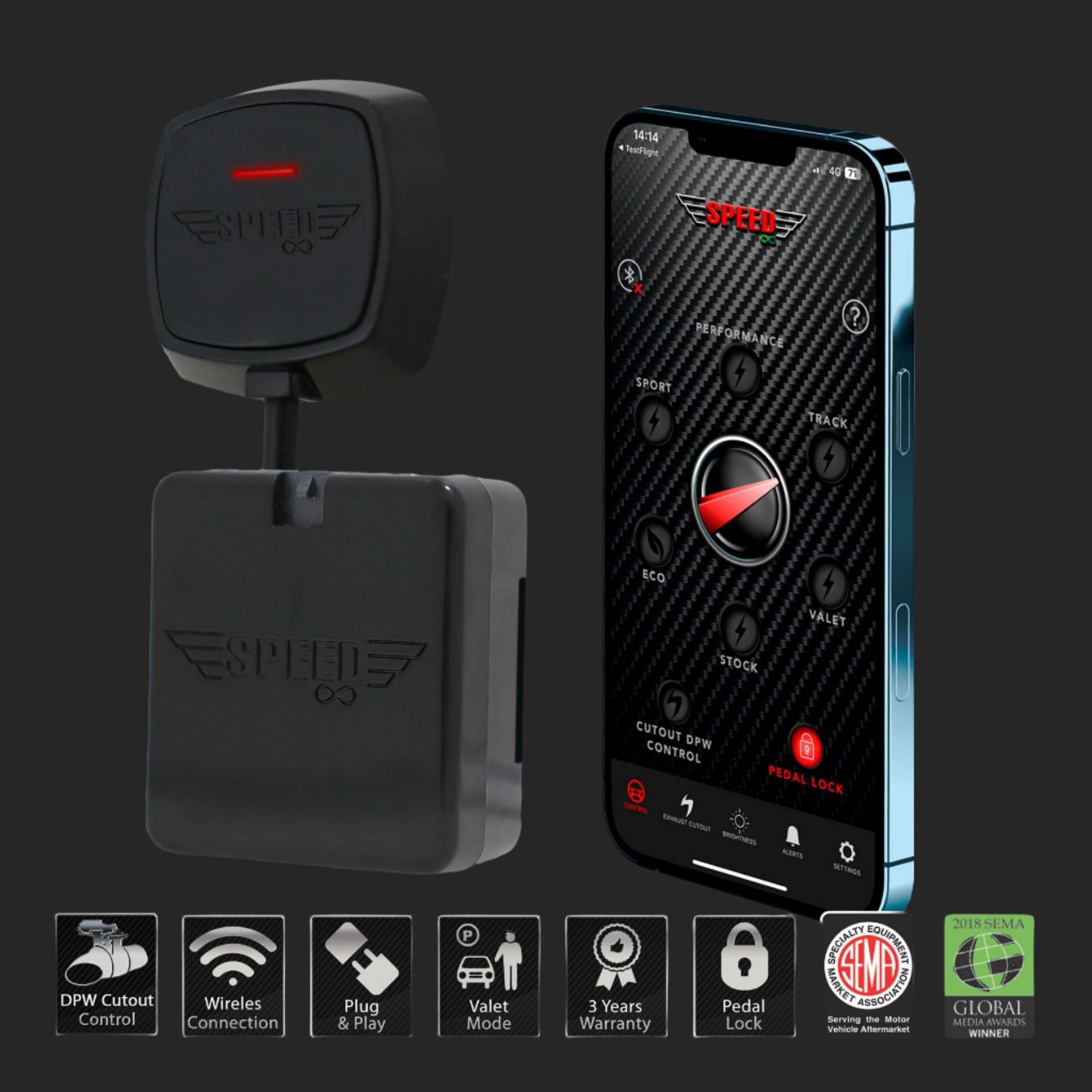 Speed Infinity Throttle Response Controller with wireless app control and pedal lock feature. Enhances throttle response and driving safety.