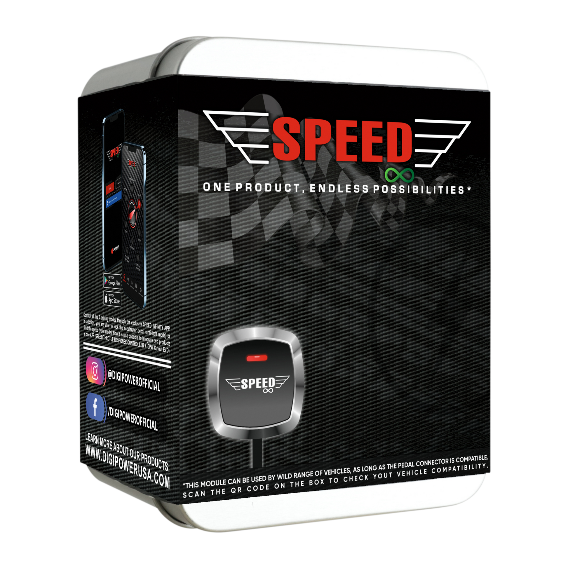 Speed Infinity Throttle Response Controller driving modes including Sport, Eco, Track, and Valet settings. Enhances throttle control and safety with pedal lock feature via mobile app.